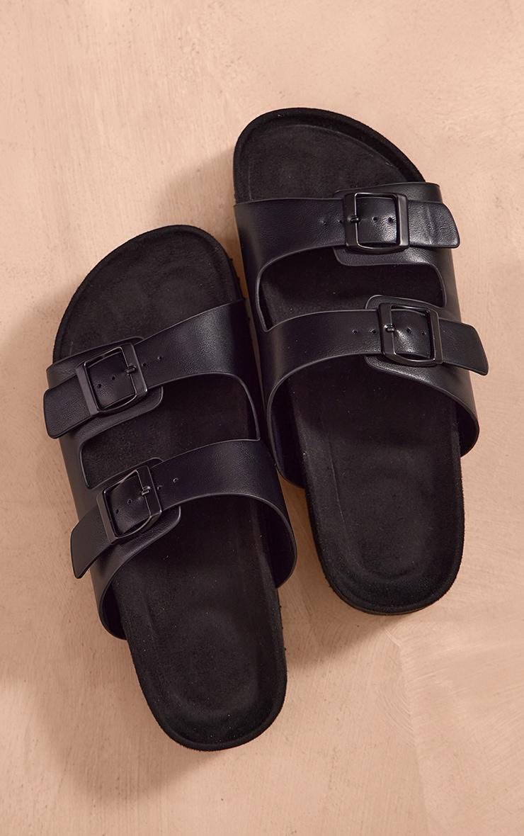  Black PU Round Toe Double Buckle Strap Chunky Flat Sandals Product Image