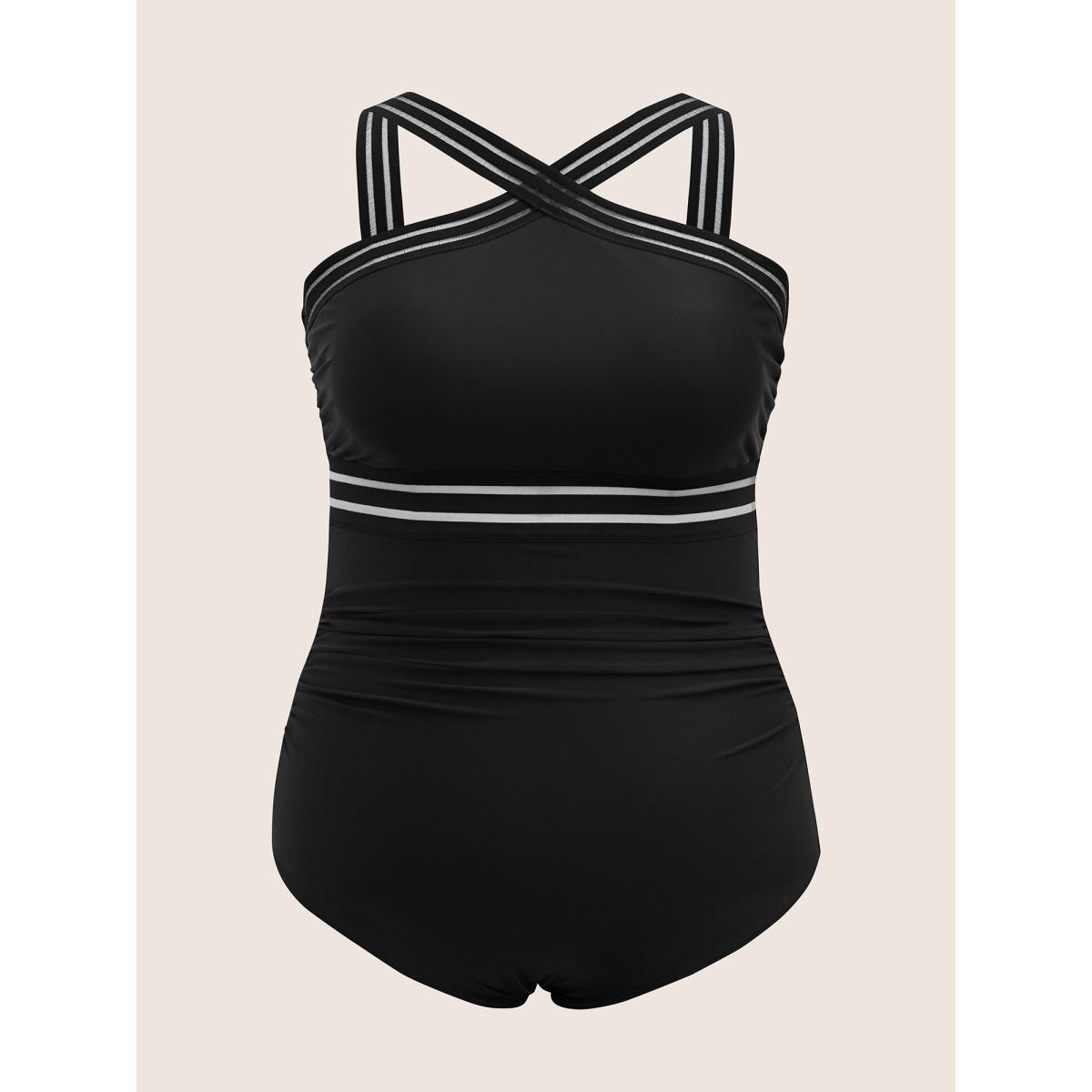 Plus Size Overlap Collar Patchwork Mesh Gathered One Piece Swimsuit Women's Swimwear Black Beach Woven ribbon&lace trim Curve Bathing Suits High stretch One Pieces BloomChic 14-16/1X Product Image