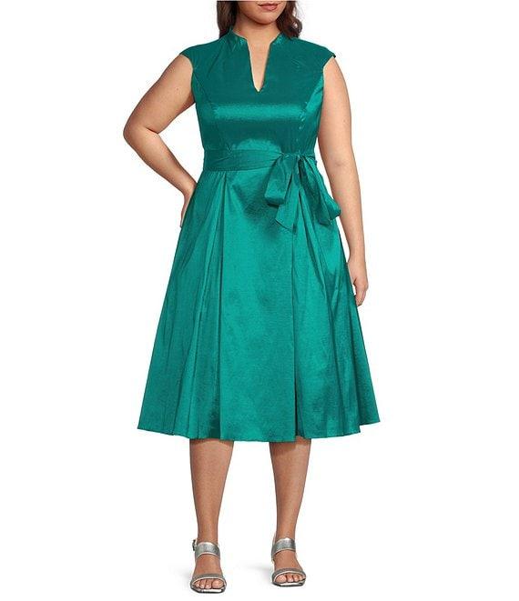Alex Evenings Plus Size Stretch Taffeta V-Neck Cap Sleeve Tie Sash A-Line Midi Dress Product Image