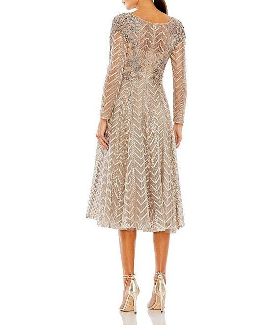Mac Duggal Sequin Beaded Surplice V-Neck Long Sleeve A-Line Midi Dress Product Image