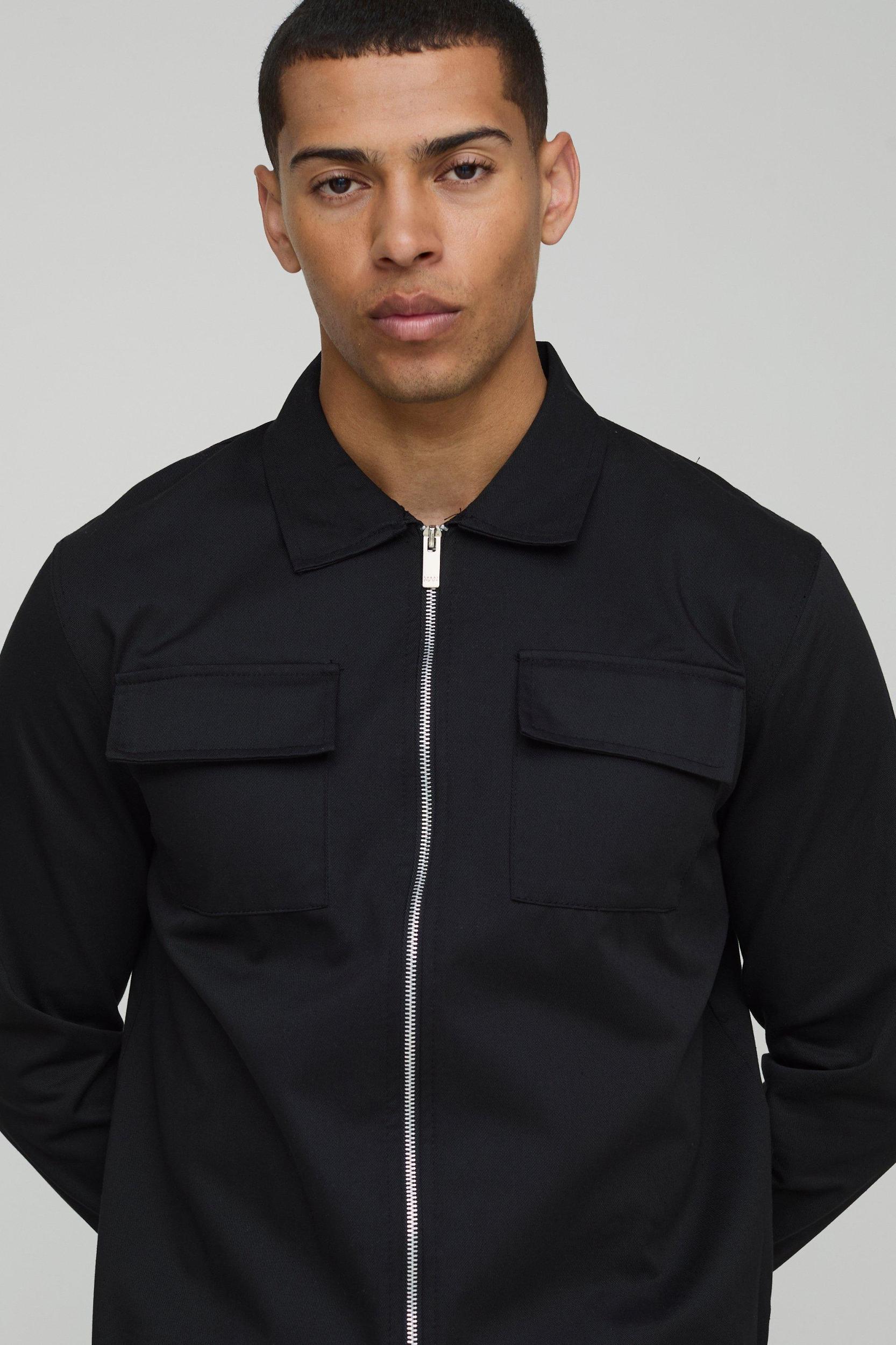 Regular Fit Long Sleeve Zip Fastening Twill Overshirt | boohooMAN USA Product Image