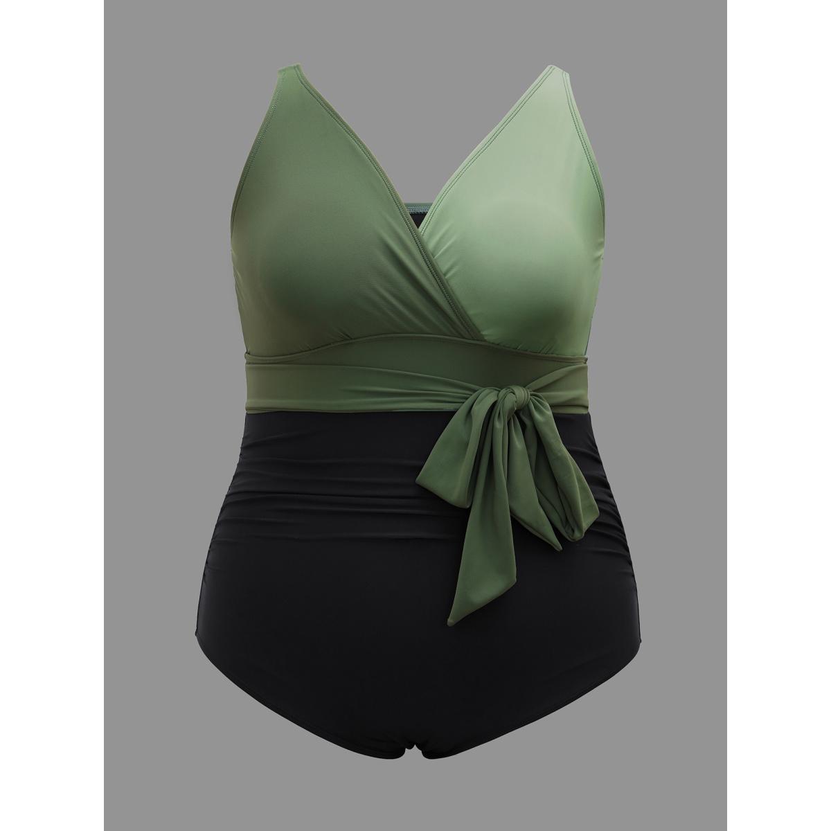 Plus Size Color Block Waist-Tie One-Piece Swimsuit Women's Swimwear ArmyGreen Beach Gathered Curve Bathing Suits High stretch One Pieces BloomChic 30/6X Product Image