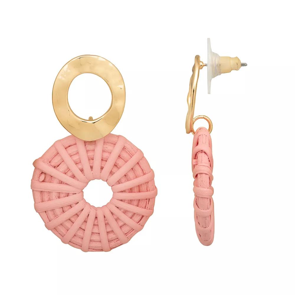Emberly Gold Tone Rattan Woven Open Circle Drop Earrings, Women's, Pink Product Image