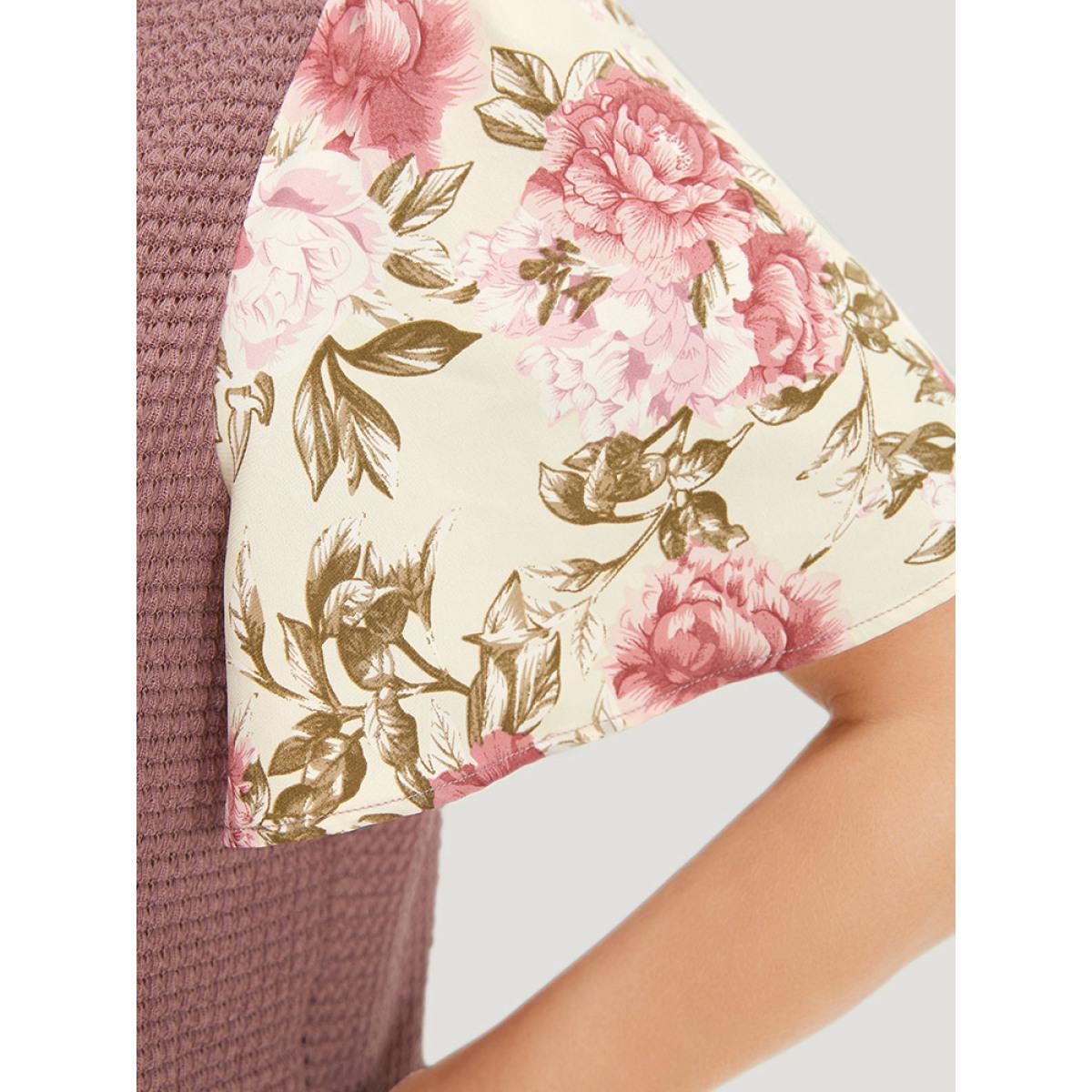 Plus Size Waffle Knit Pacthwork Flutter Sleeve T-shirt DustyPink Women Elegant Patchwork Floral V-neck Dailywear T-shirts BloomChic 10/M Product Image