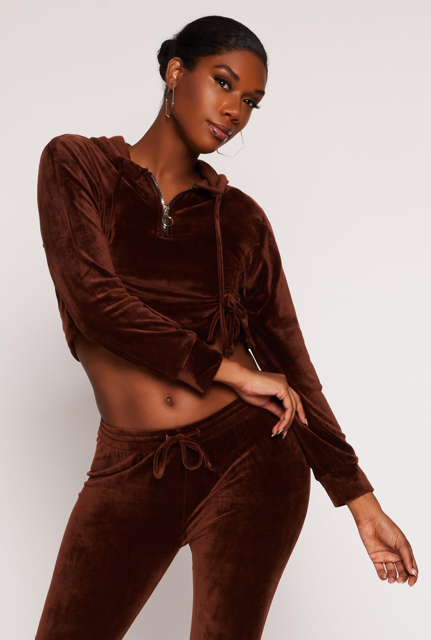 Womens Velour Drawstring Ruched Half Zip Hoodie Product Image