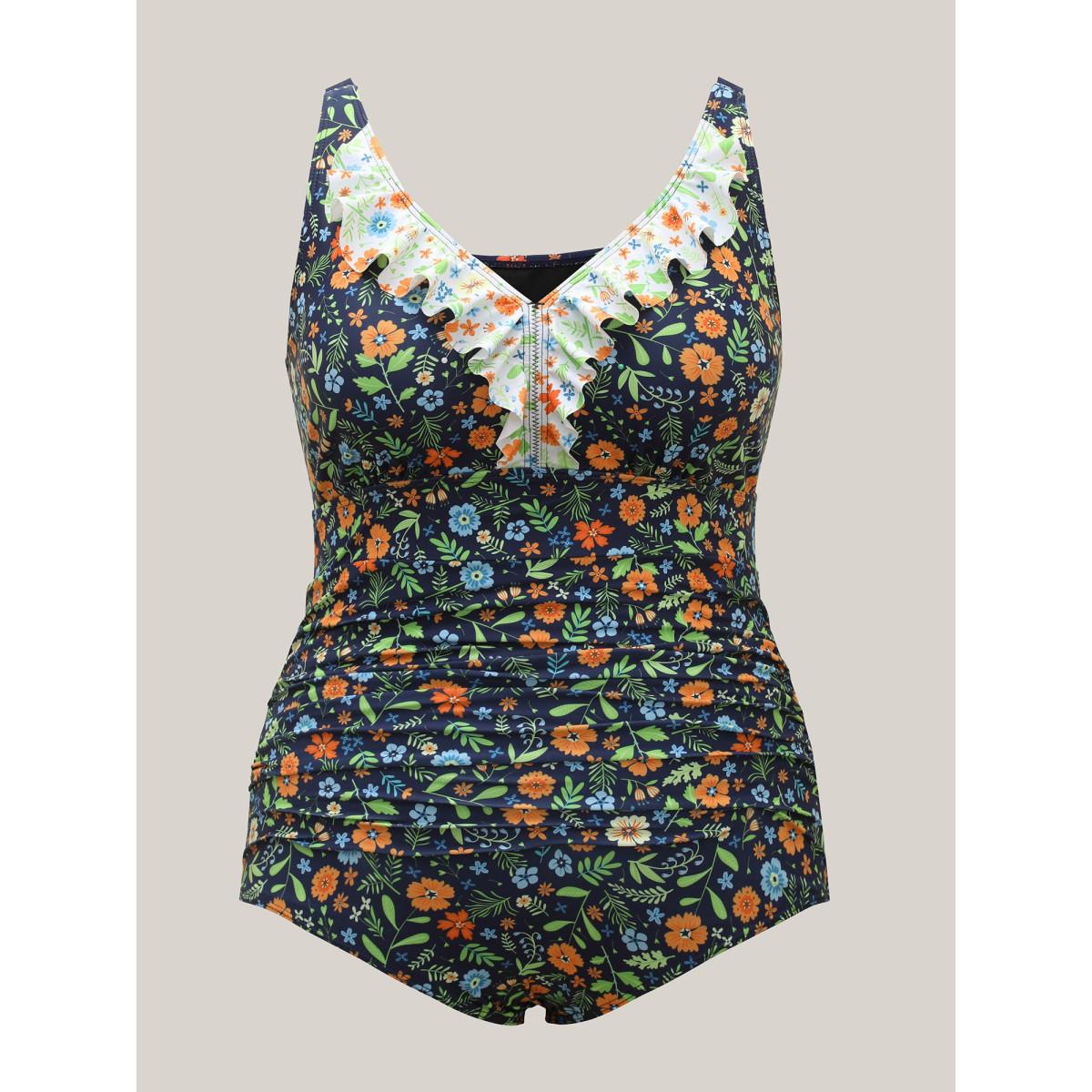 Plus Size Floral Print Ruffled Lace One-Piece Swimsuit Women's Swimwear Indigo Beach Ruffles Curve Bathing Suits High stretch One Pieces BloomChic 30/6X Product Image
