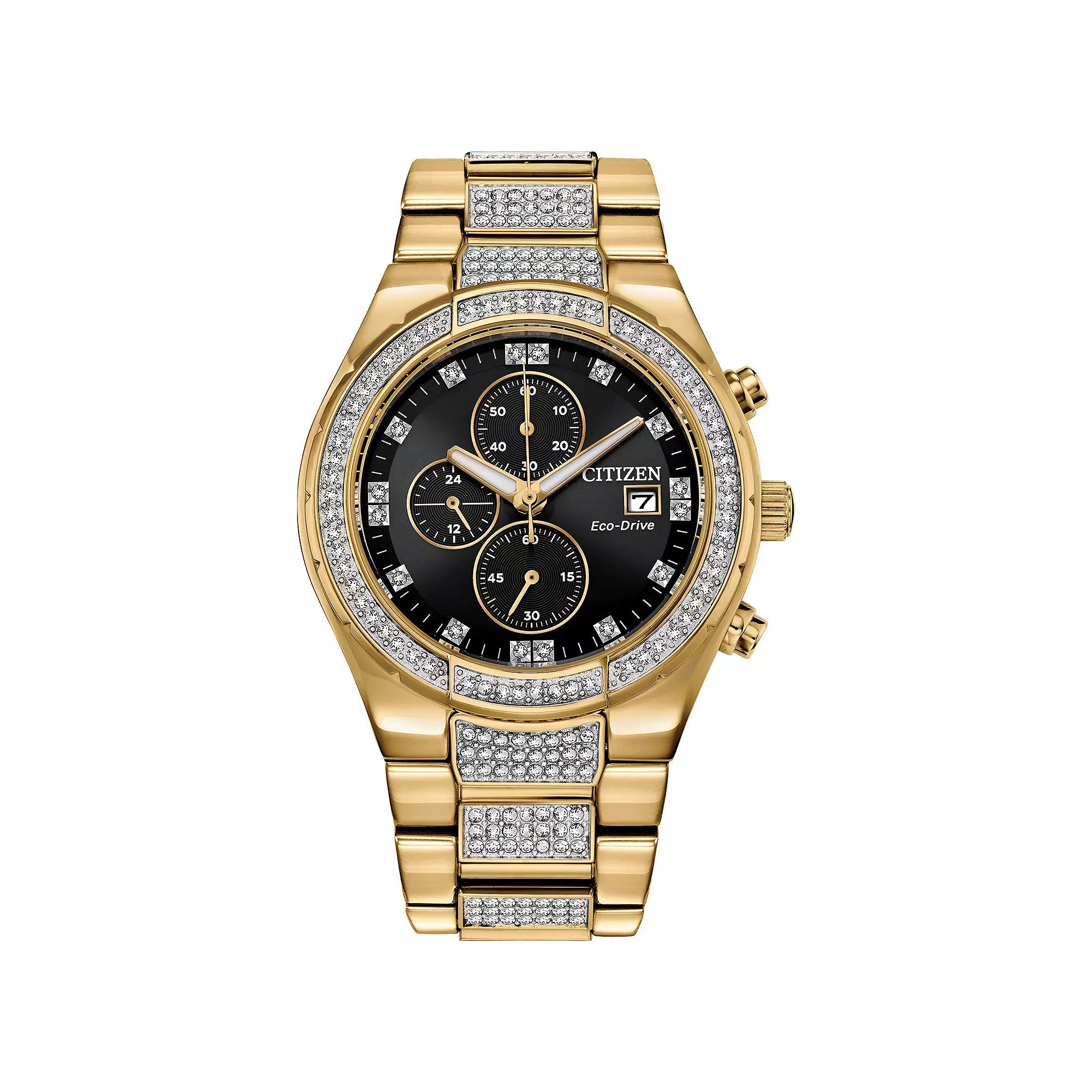 Citizen Mens Eco-Drive Classic Gold Tone Stainless Steel Crystal Accent Chronograph Bracelet Watch Product Image