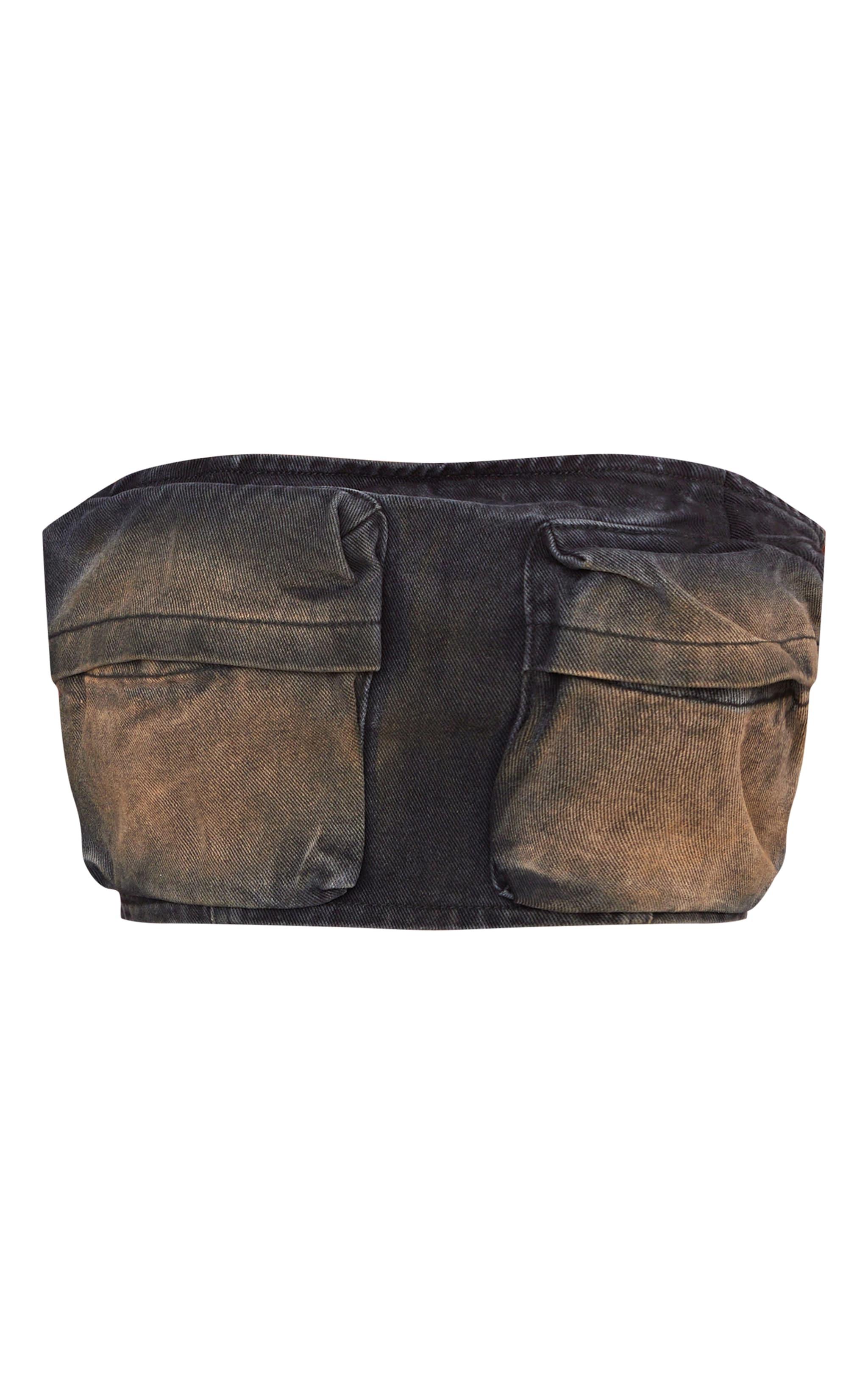 Shape Brown Washed Denim Pocket Detail Bandeau Crop Top Product Image