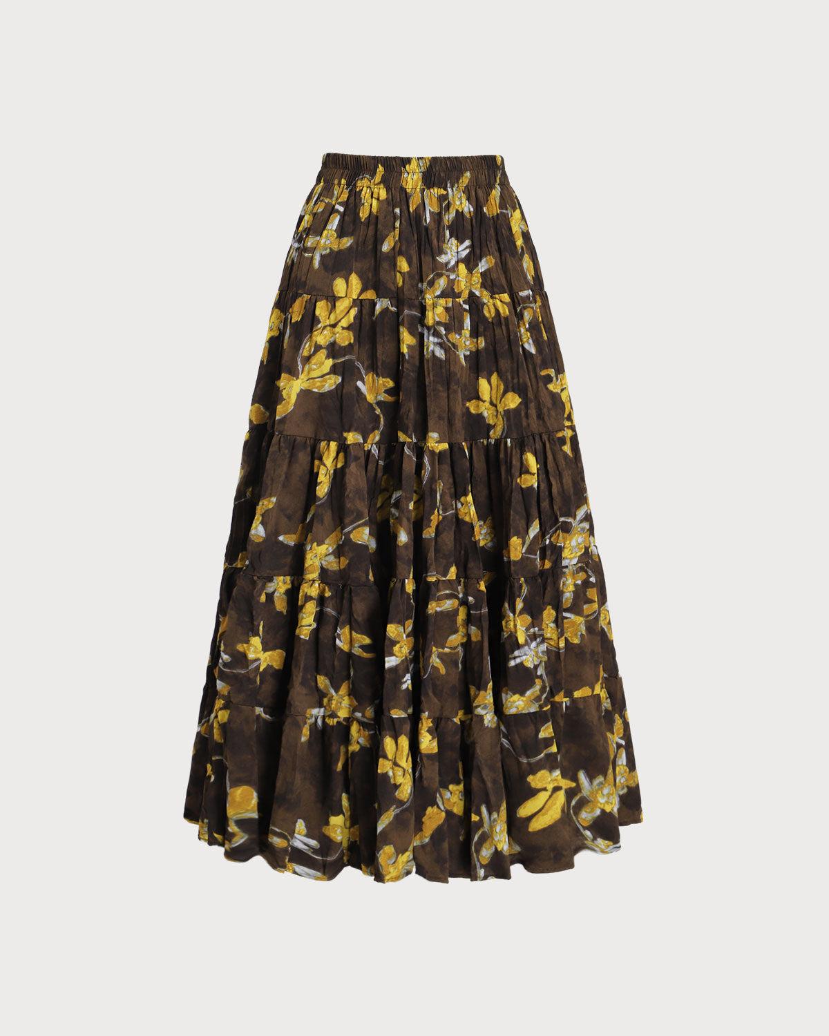 Yellow Floral Elastic Waist Midi Skirt Product Image