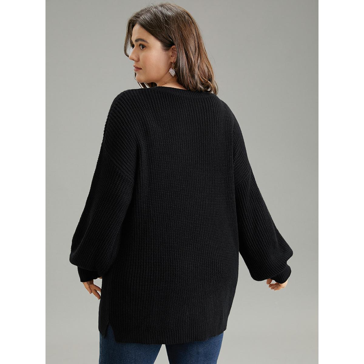 Plus Size Rhinestone V Neck Drop Shoulder Pullover Black Women Casual Loose Long Sleeve V-neck Dailywear Pullovers BloomChic 18-20/2X Product Image