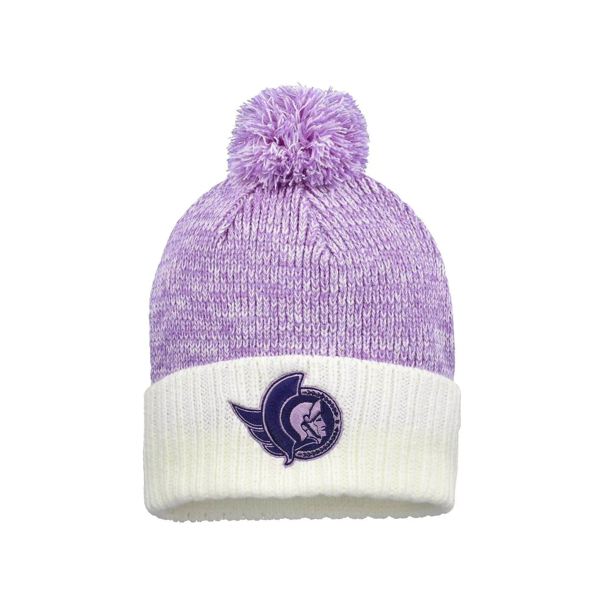 Men's Fanatics Lavender/White Ottawa Senators Hockey Fights Cancer Cuffed Knit Hat with Pom, Sen Team Product Image
