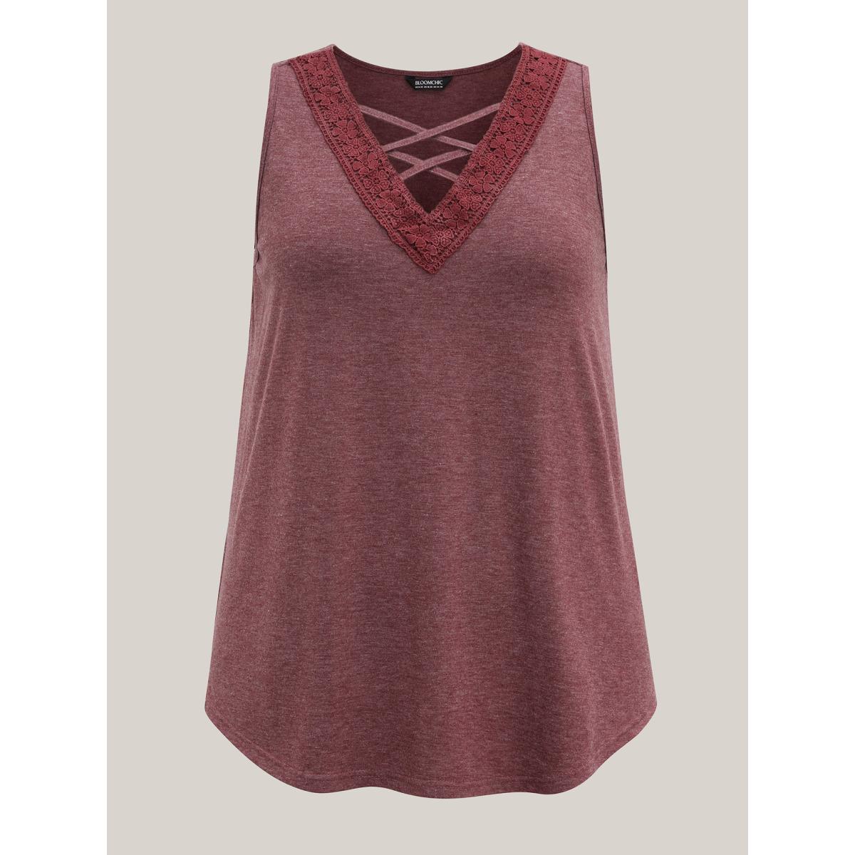 Plus Size Neck Tie-Up Lace Spliced Tank Top Women Burgundy Woven ribbon&lace trim V-neck Everyday-Casual Tank Tops Camis BloomChic 18-20/2X Product Image