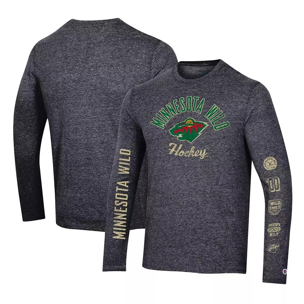 Men's Champion Heather Black Minnesota Wild Multi-Logo Tri-Blend Long Sleeve T-Shirt, Size: Small, Charco Product Image