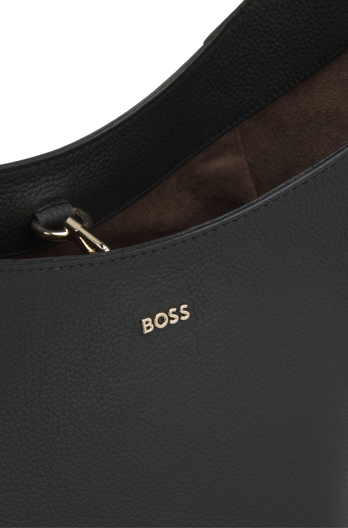 Leather bucket bag with metallic logo lettering Product Image