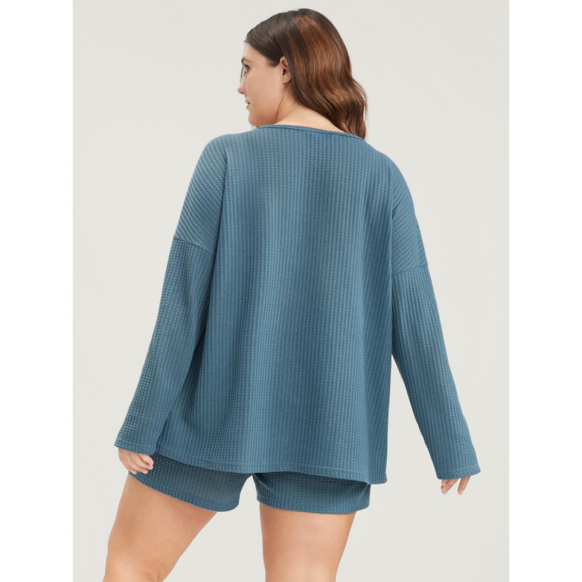 Plus Size Solid Notched Waffle Knit Pajama Set Women Cerulean Plain Plain Long Sleeve Notched collar Casual Loungewear Sets BloomChic 22-24/3X Product Image