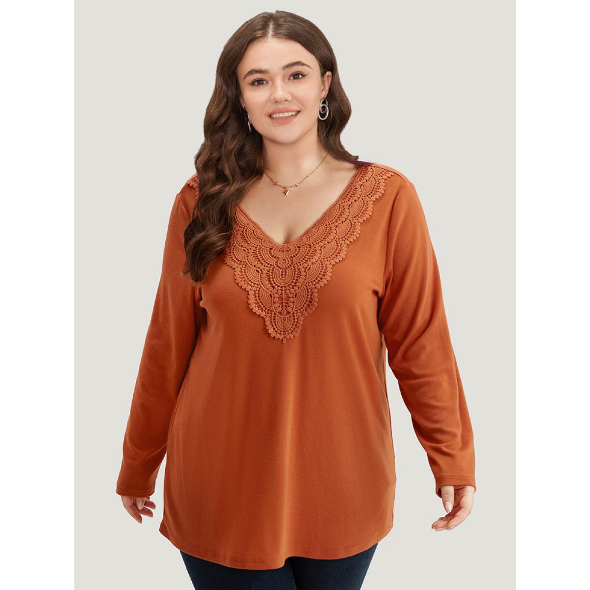 Plus Size Lace Panel V Neck T-shirt Chocolate Women Elegant Plain Plain V-neck Dailywear T-shirts BloomChic 12/L Product Image
