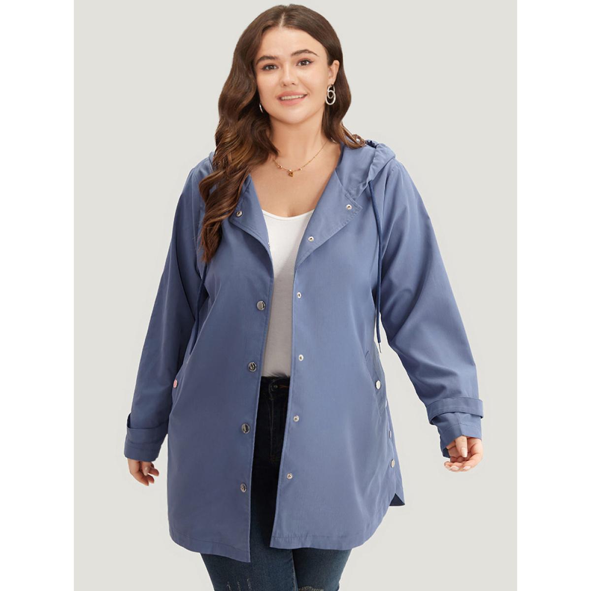 Plus Size Plain Button Detail Hooded Drawstring Coat Women DarkBlue Casual Plain Ladies Dailywear Winter Coats BloomChic 10/M Product Image