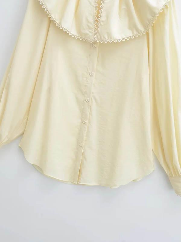 Loose Puff Sleeves Pleated See-Through Solid Color Split-Joint Peter Pan Collar Blouses&Shirts Tops Product Image