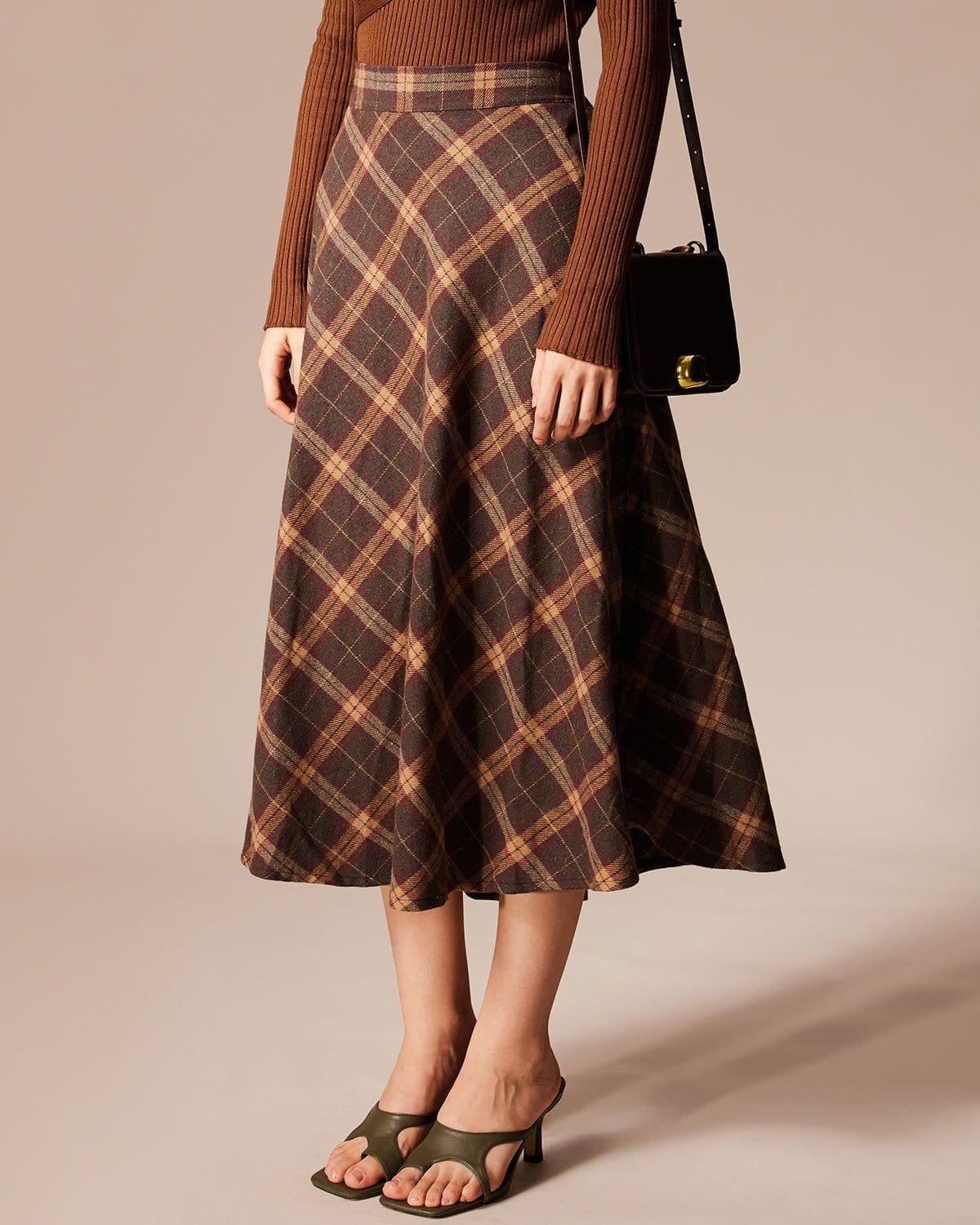 The Brown Elastic Waist Plaid A-Line Midi Skirt Product Image