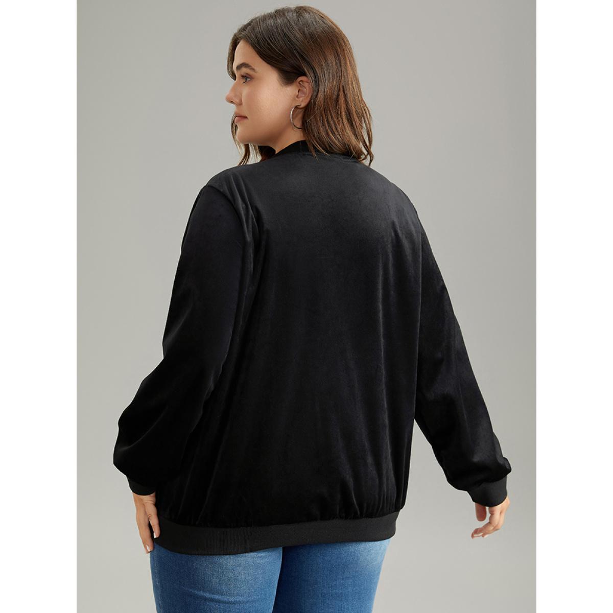 Plus Size Velvet Floral Embroidered Zipper Pocket Bomber Jacket Women Black Contrast Pocket Dailywear Jackets BloomChic 10/M Product Image