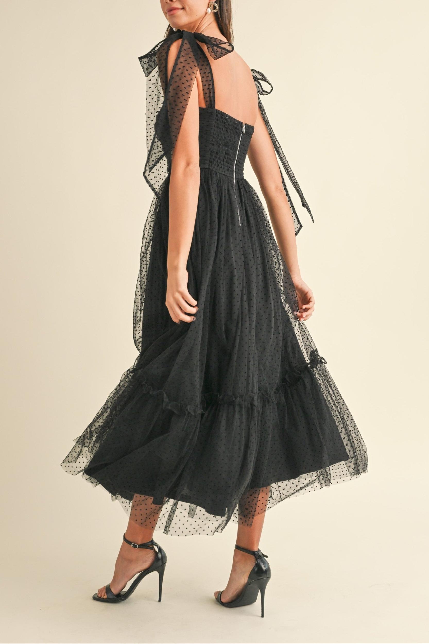 Polka Dot Mesh Tie Shoulder Midi Dress Product Image