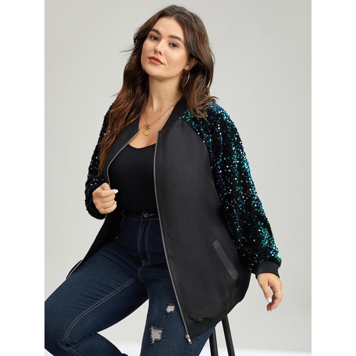 Plus Size Sequin Detail Patchwork Pocket Jacket Women Black Elastic cuffs Pocket Dailywear Jackets BloomChic 30/6X Product Image