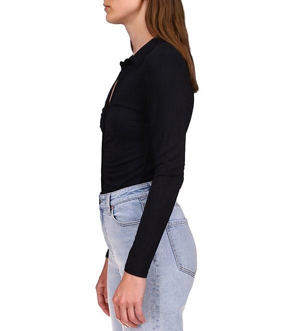 Sanctuary Dreamgirl Long Sleeve Point Collar Ruched Button Front Knit Top Product Image