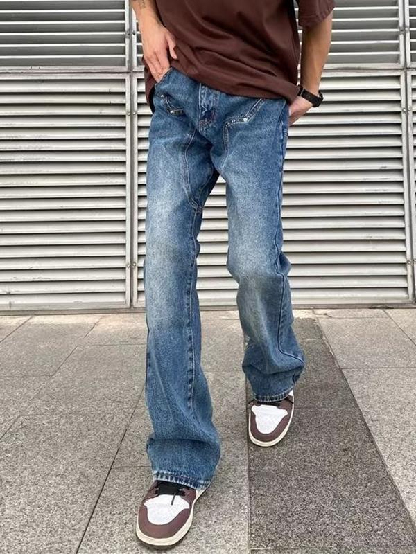 Men's Vintage Wash Splice Straight Leg Jeans Product Image