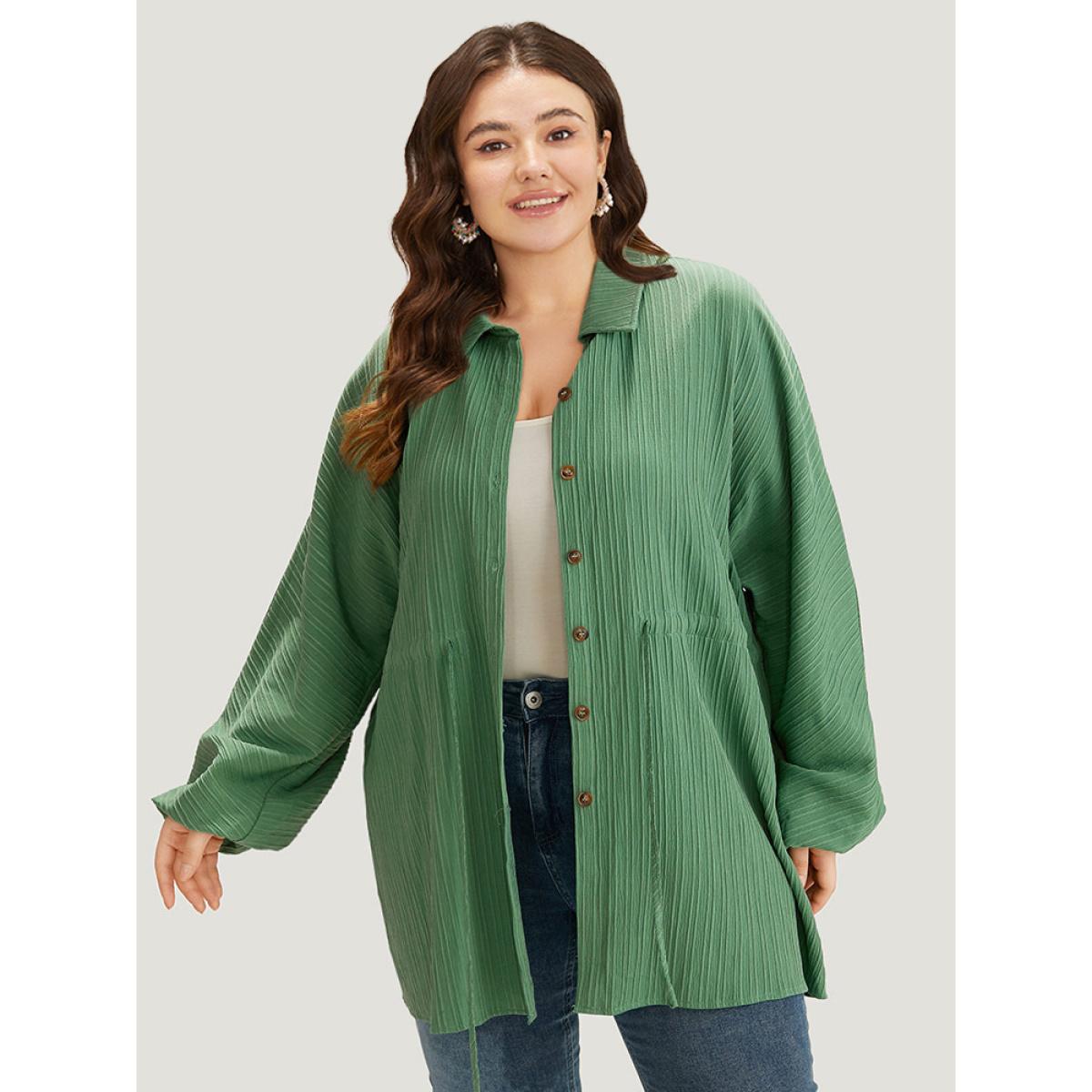 Plus Size Plain Shirt Collar Drawstring Button Through Lantern Sleeve Coat Women Emerald Casual Elastic cuffs Ladies Dailywear Winter Coats BloomChic 28/5X Product Image