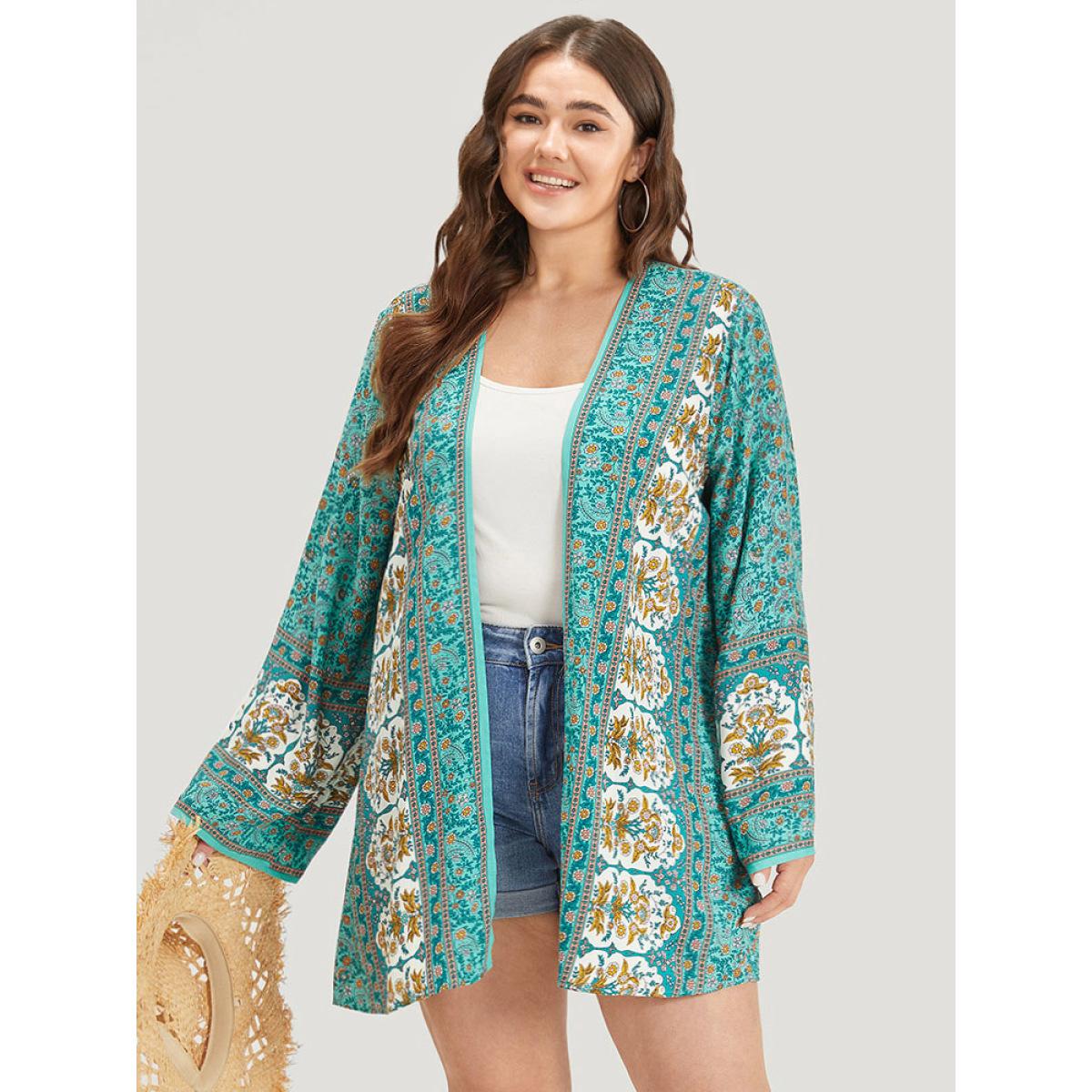 Plus Size Boho Print Flutter Sleeve Open Front Kimono Women Turquoise Casual Printed Loose Dailywear Kimonos BloomChic 18-20/2X Product Image
