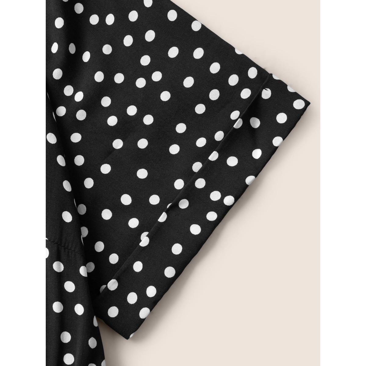 Plus Size Polka Dot Suit Collar Cuffed Sleeve Dress Black Women Workwear Essentials Belted Suit Collar Short sleeve Curvy BloomChic 14-16/1X Product Image