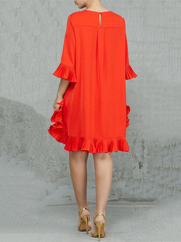 Half Sleeves Loose Falbala Solid Color Round-Neck Midi Dresses Product Image