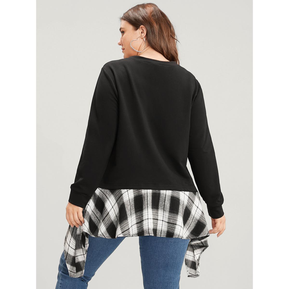 Plus Size Tartan Patchwork Round Neck Asymmetrical Hem Sweatshirt Women Black Elegant Patchwork Round Neck Dailywear Sweatshirts BloomChic 14-16/1X Product Image