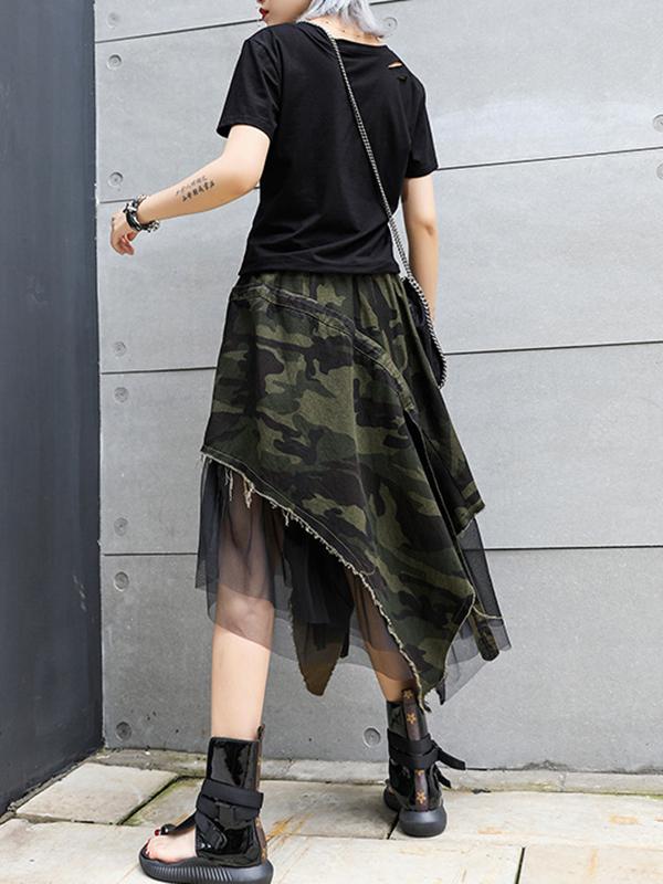 A-Line Loose Asymmetric Camouflage Elasticity Fringed Mesh Split-Joint Skirts Bottoms Product Image