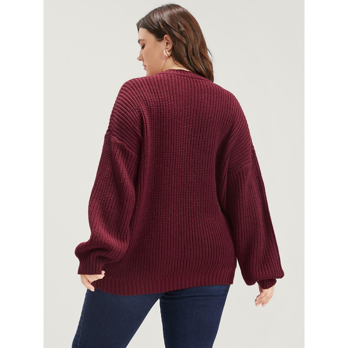 Plus Size Solid Pointelle Knit V Neck Loose Geometric Cable Knit Top Rust Women Elegant Loose Long Sleeve Dailywear Pullovers BloomChic 10/M Product Image