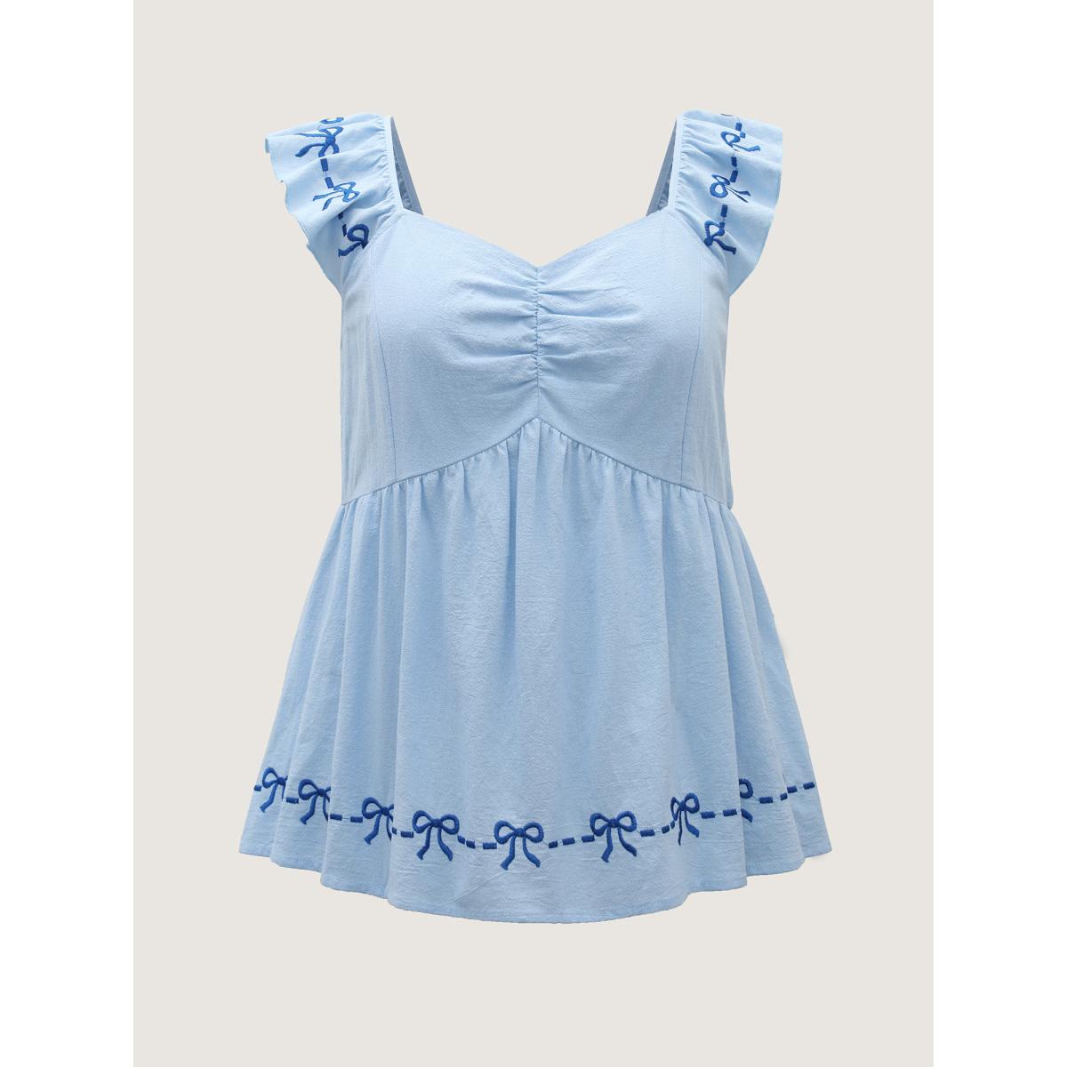 Plus Size LightBlue Bow-tiful Embroidery Ruched Neck Blouse Women Cap Sleeve Heart neckline Everyday-Elegant Blouses BloomChic 10/M Product Image