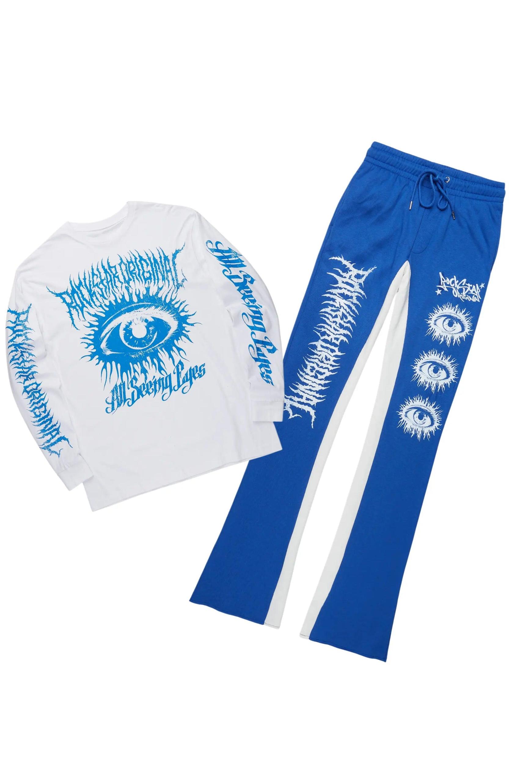 All Seeing Eyes White/Royal Long Sleeve T-Shirt/Baggy Pant Set Male Product Image