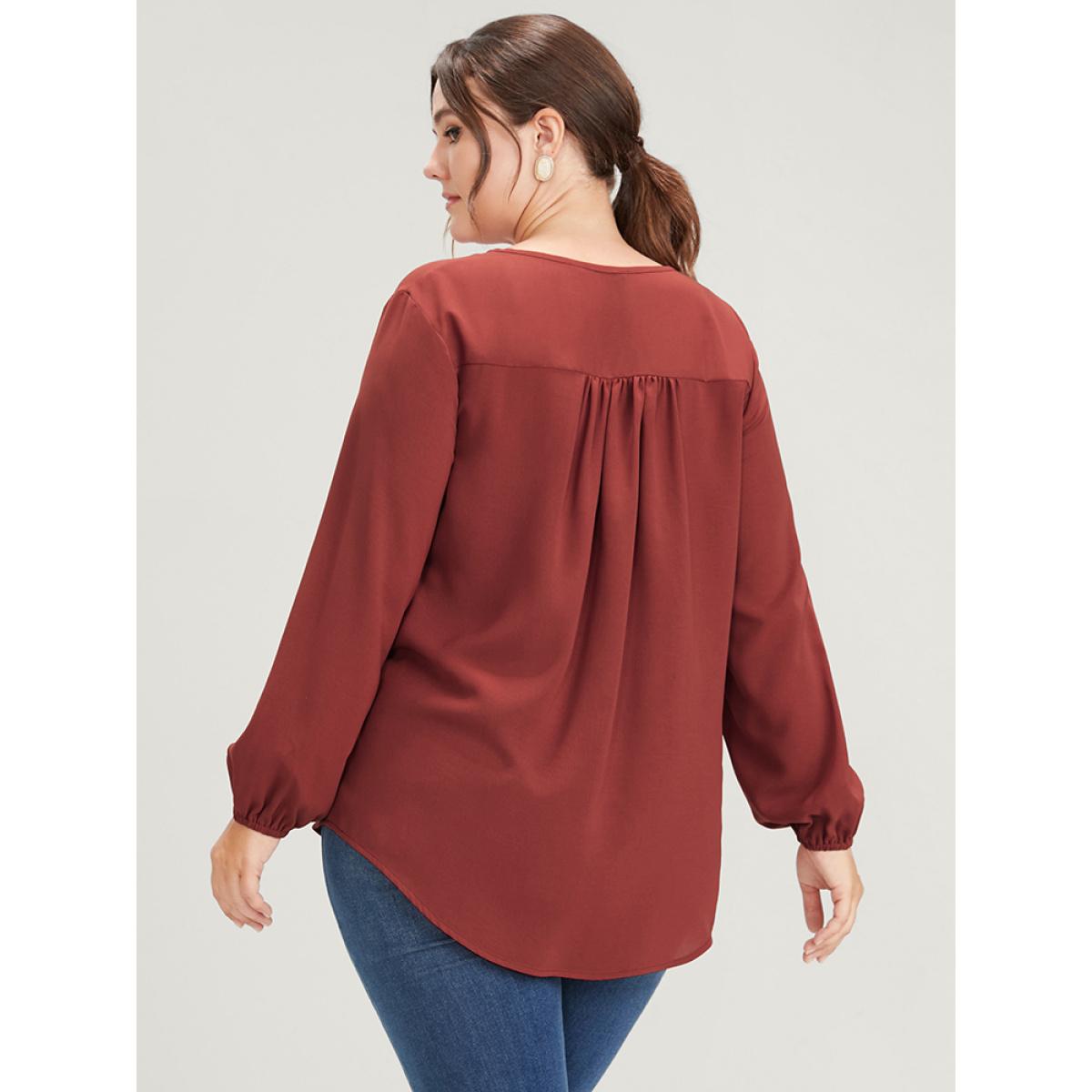 Plus Size Russet Solid Pleated Lantern Sleeve Btton Front Blouse Women Office Long Sleeve V-neck Work Blouses BloomChic 12/L Product Image