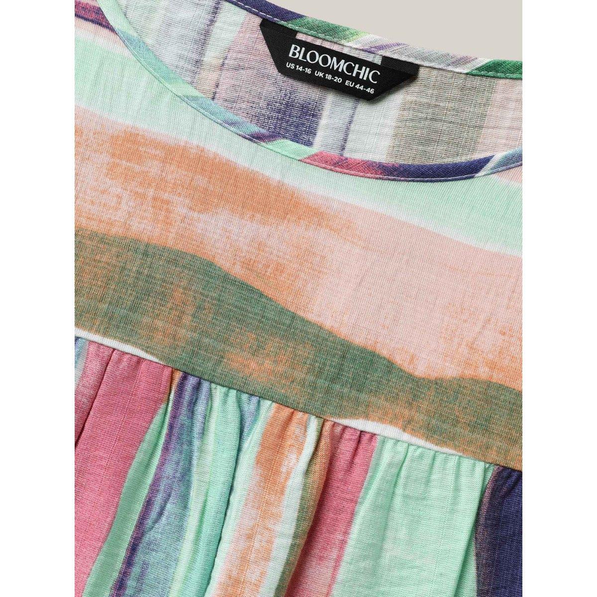 Plus Size Multicolor Multi-Color Striped Curved Hem Shirt Women Casual Half Sleeve Round Neck Everyday Blouses BloomChic 28/5X Product Image