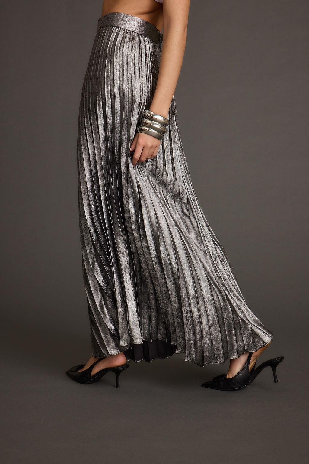 Electric Love Gunmetal Metallic Pleated Maxi Skirt Product Image