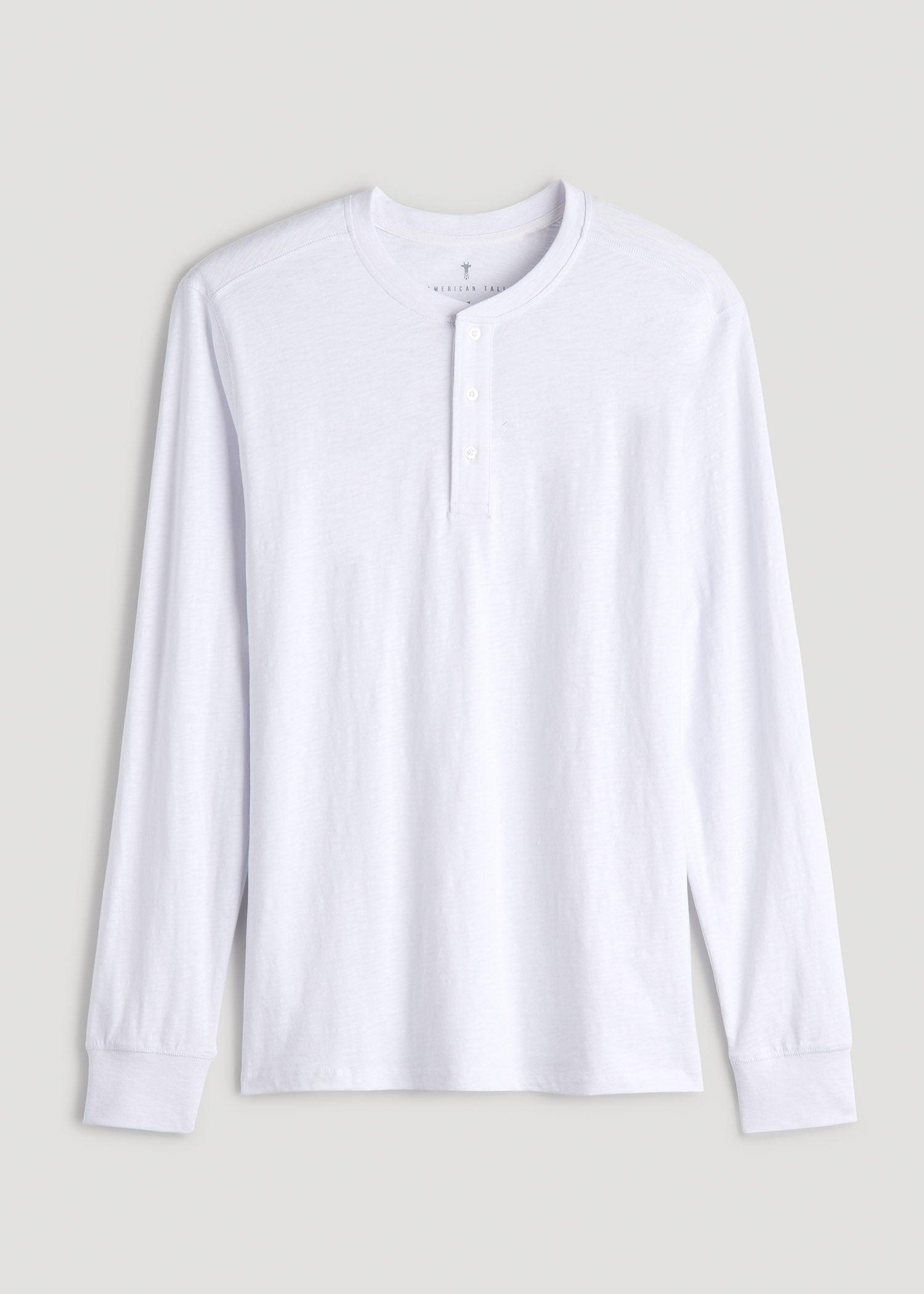 Three-Button Long Sleeve Slub Henley for Tall Men in White Male Product Image