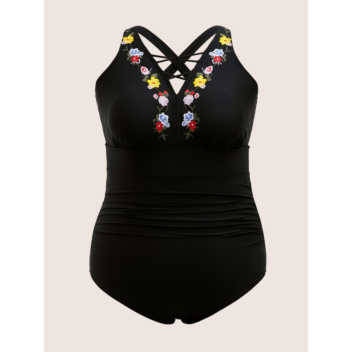 Plus Size Floral Embroidered Ruched Crisscross One Piece Swimsuit Women's Swimwear Black Beach Gathered Curve Bathing Suits High stretch One Pieces BloomChic 14-16/1X Product Image