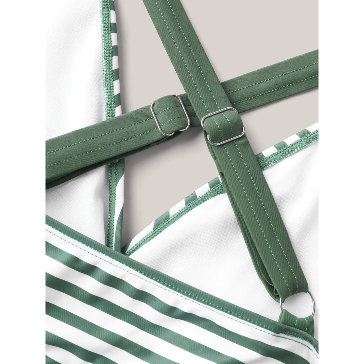 Plus Size Striped Spliced Ruffled One-Piece Swimsuit Women's Swimwear ArmyGreen Beach Gathered Curve Bathing Suits High stretch One Pieces BloomChic 14-16/1X Product Image