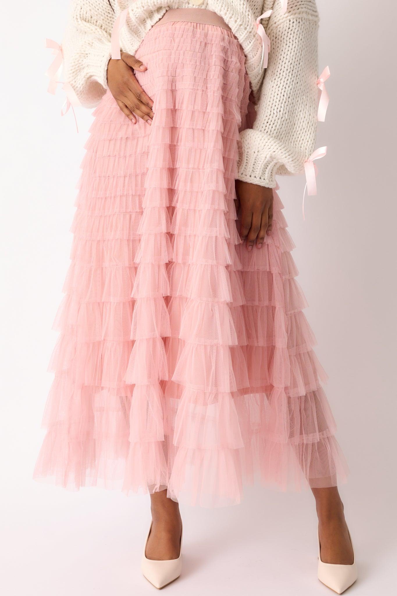 Garden Gathering Dusty Pink Tiered Ruffle Tulle Maxi Skirt Product Image