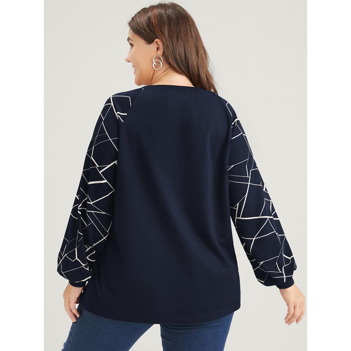 Plus Size Geometric Raglan Sleeve Round Neck Sweatshirt Women DarkBlue Elegant Patchwork Round Neck Dailywear Sweatshirts BloomChic 18-20/2X Product Image