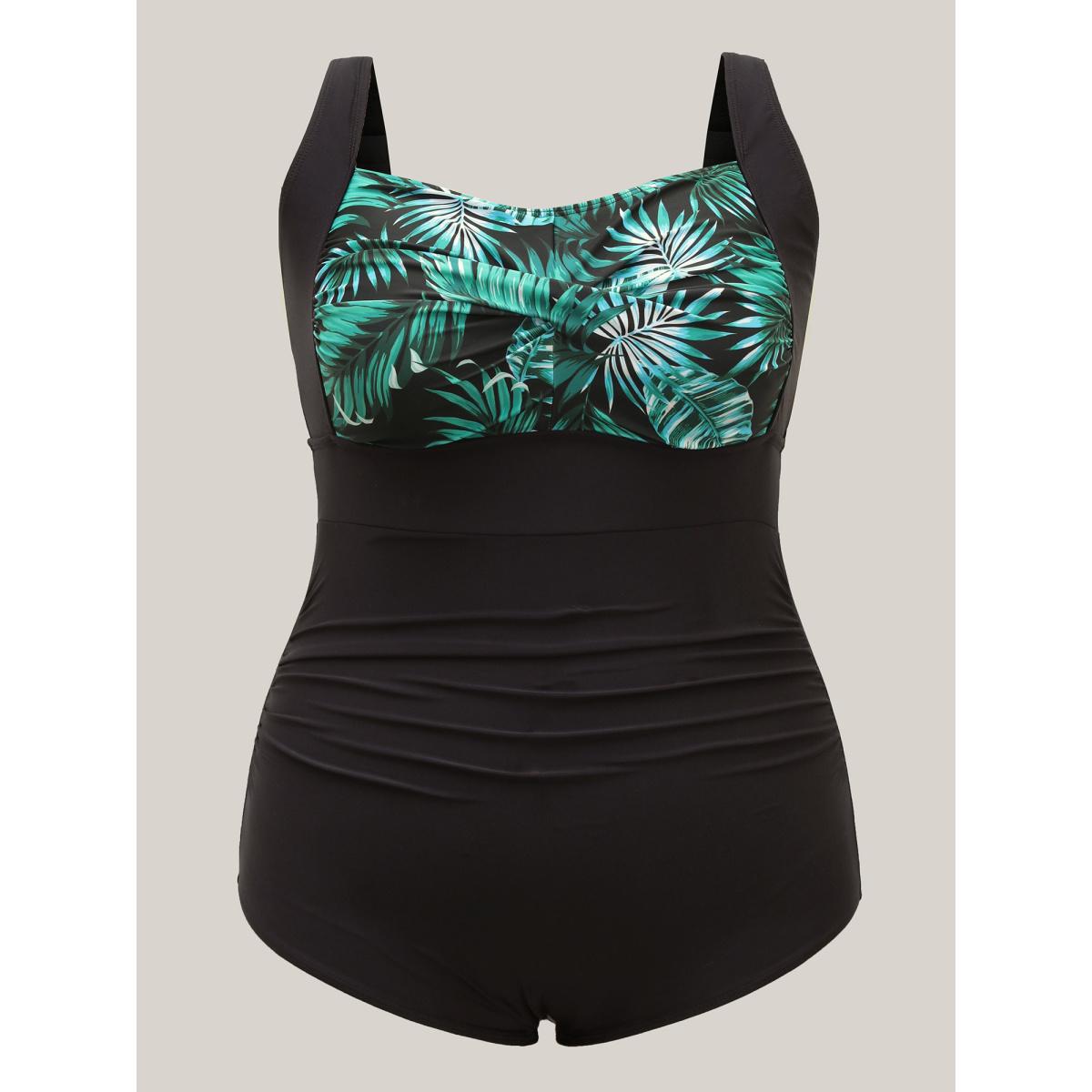 Plus Size Two-Piece Tropical Twist Front Swimsuit,Sarong Women's Swimwear Black Beach Twist Curve Bathing Suits High stretch One Pieces BloomChic 12/L Product Image