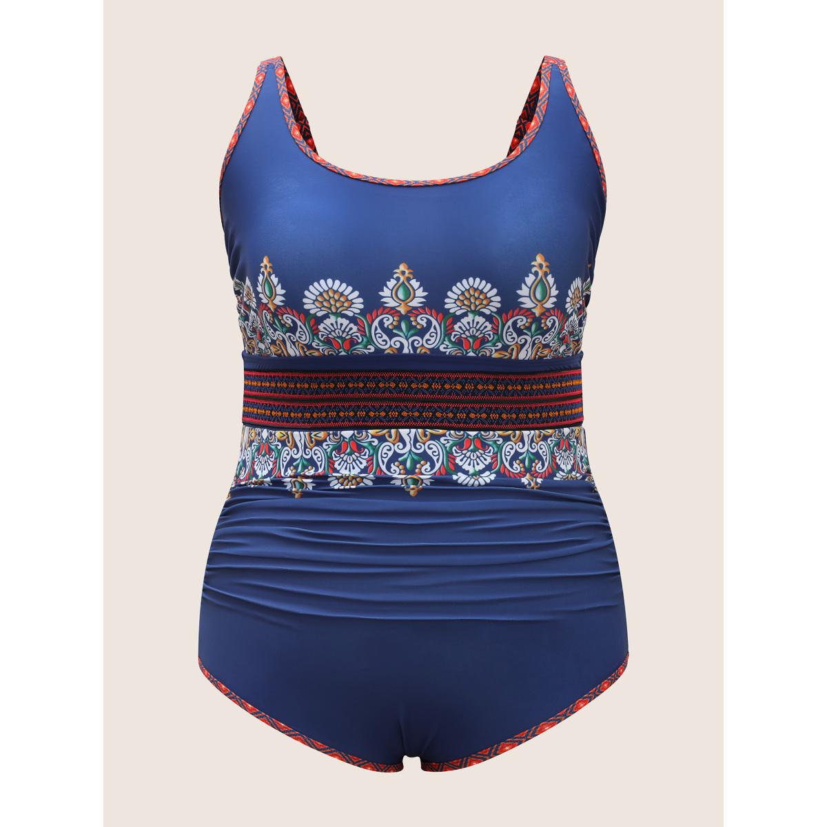 Plus Size U Neck Bandana Contrast Webbing One Piece Swimsuit Women's Swimwear Mediumblue Beach Woven ribbon&lace trim Curve Bathing Suits High stretch One Pieces BloomChic 30/6X Product Image