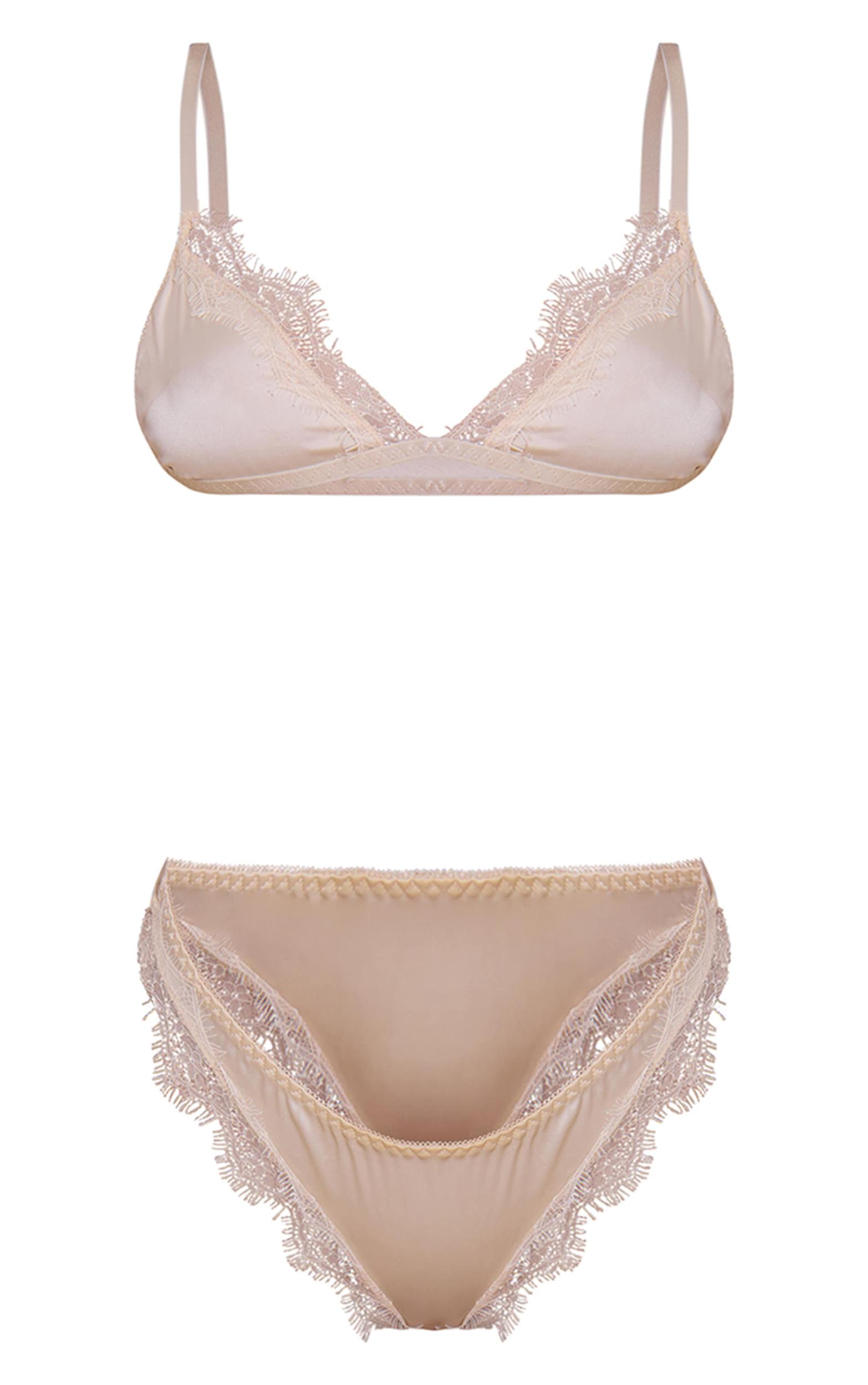 Cream Satin Lace Trim Triangle Bra Thong Lingerie Set Product Image