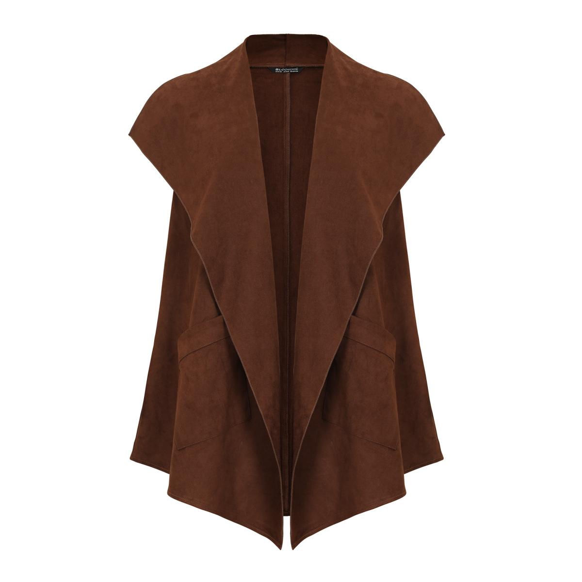 Plus Size Faux Suede Asymmetrical Neck Pocket Vest Women DarkBrown Casual Plain Ladies Dailywear Winter Coats BloomChic 26/4X Product Image