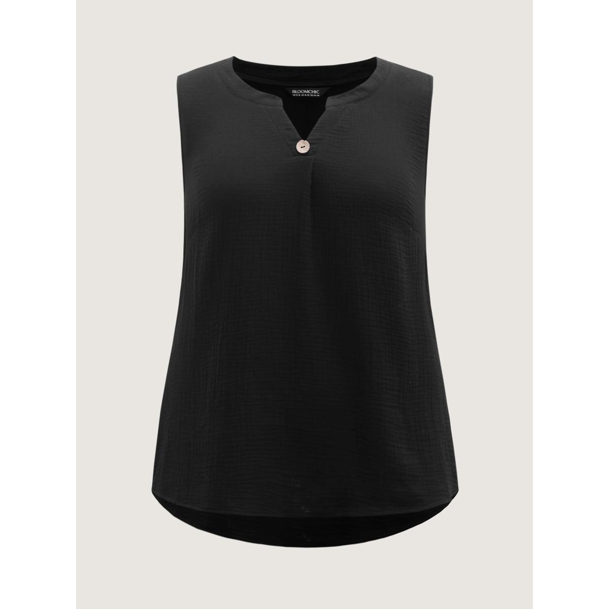 Plus Size Cotton Button Front Solid Tank Top Women Black Leisure Texture Flat collar with V-notch Casual Tank Tops Camis BloomChic 28/5X Product Image